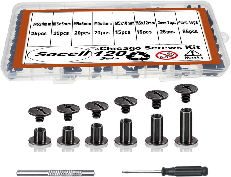 Socell 120Sets Chicago Screws Kit, 6 Sizes Chicago Screws for Leather,Binding Screws Leather Rivet kit for Crafts, Clothing, Shoes, Belts, Bags, and Custom-Made Items(Gunmetal Black, M5*4,5,6,8,10,12) - Image 1